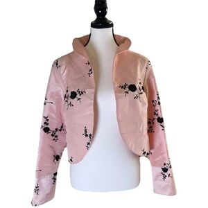 Grace Chuang Pink Black Floral Silk Cropped Jacket Blazer Small Cheongsam